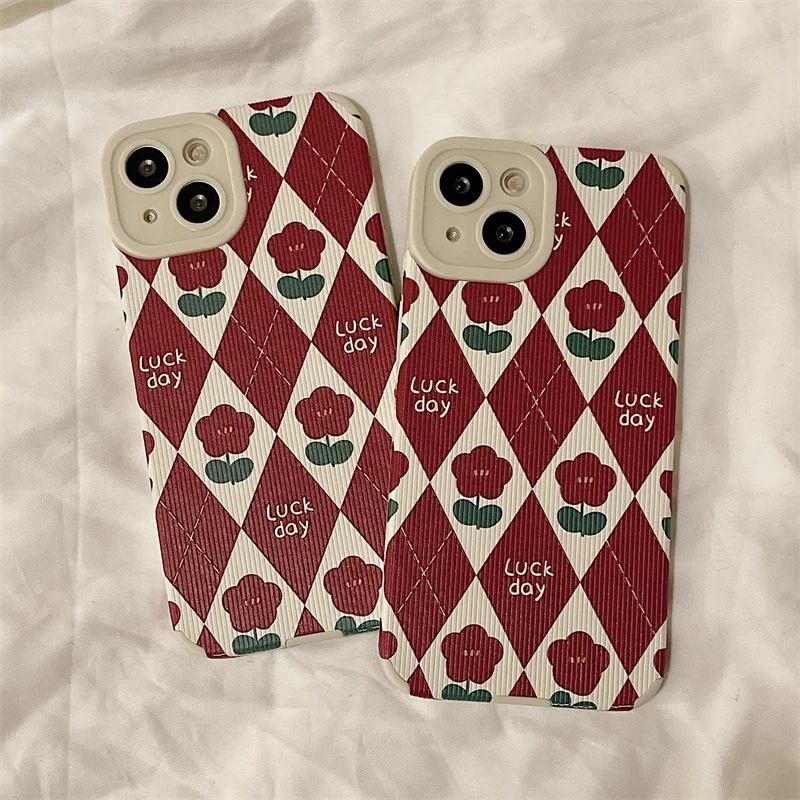 

Retro Red Rhombic Grid Flower Phone Case For Vivo X9 R9S X20 X21 X23 X27 X30 X50 X60 Pro S1 S5 S6 S7 S9 S9E S10 Z3 Z3I Z5X Cover