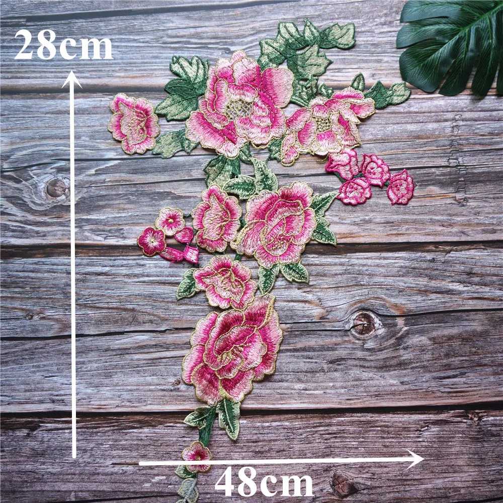 Вышитая розовая Пионовая Цветочная зеленая искусственная вышивка для воротника