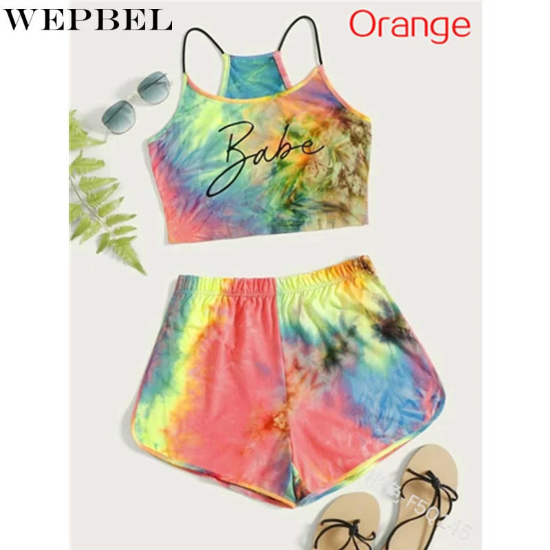 

WEPBEL Women's Fashion Two Piece Set Letter Printed Babe Graphic Tie Dye Crop Cami Top and Shorts Set Plus Size S-5XL
