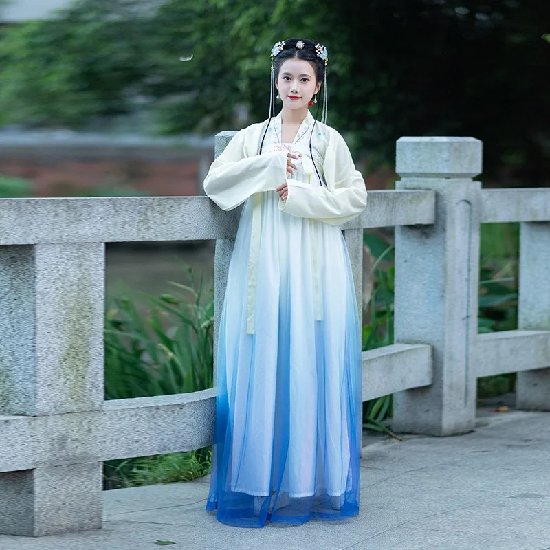 Градиентная синяя традиционная китайская одежда костюм hanfu Женский Белый Топ