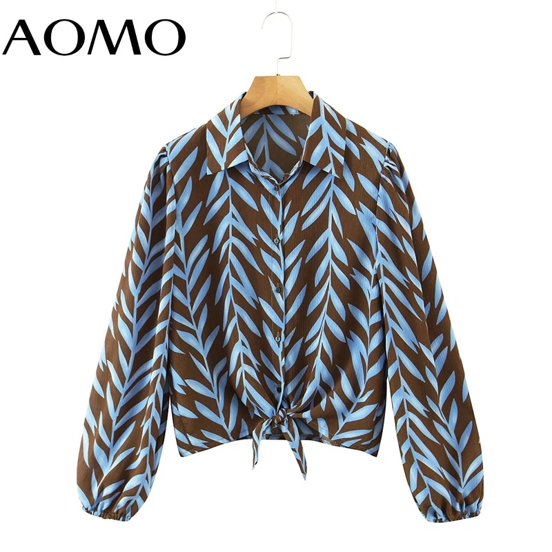 

AOMO Women Vintage Leaves Print Bow Crop Shirt Long Sleeve 2021 Chic Female Casual Shirt SL352A