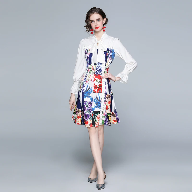

2021 Newest Fall Summer High Quality Fashion Girls MIDI Skirt Tie Bow Multicolor Floral Print Long Sleeve Patchwork Party Dress