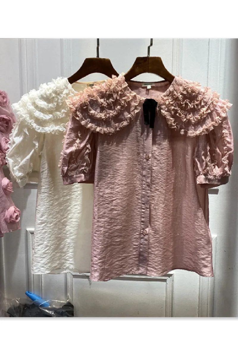 

2021 Summer New Bubble Sleeve Peter Pan Collar Shirt women's Sweet Top