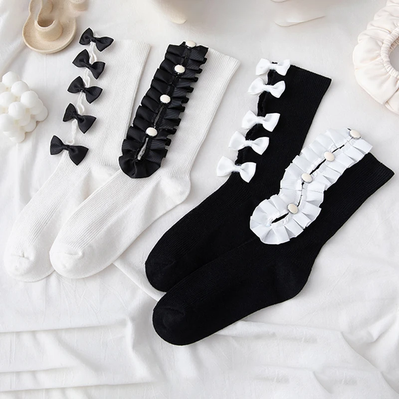 

Lolita Bowknot Women Socks Long Asymmetry Socks Woman Hollow Jk Cotton Socks Female Dress Calcetines Medias