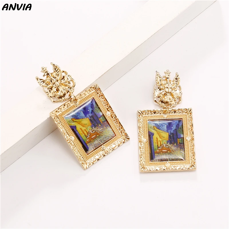 

Van Gogh Painting Art Earrings Starry Night Photo Dangle Earring Baroque Vintage Europe Big Square Designer Jewelry Party Gifts