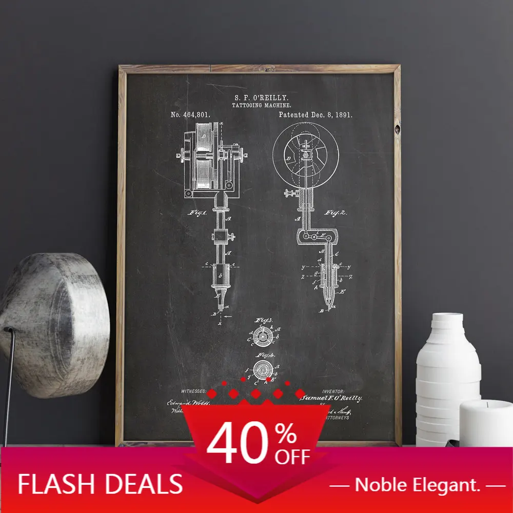 

Первый тату-аппарат, патентные принты, тату-салон, настенное искусство, холст, живопись, плакаты, Декор, винтажный план, картина, украшения