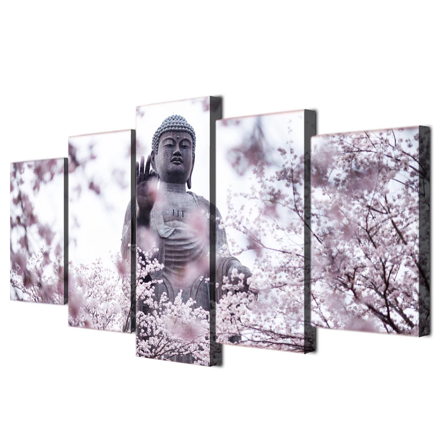 

Painting Wall Art Pictures Canvas Poster Frame 5 Panel Buddha Statue Cherry Blossoms Flower Landscape Home Decor HD Print