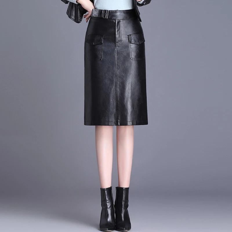 Юбка из искусственной кожи с завышенной талией Офисная облегающая элегантная
