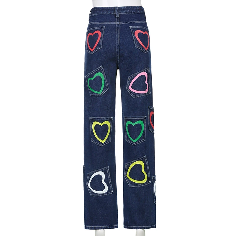 

Darlingaga Streetwear Heart Printed Cargo Pants Women High Waist Jeans Pockets Straight Denim Trousers Fashion Baggy Jeans Cute