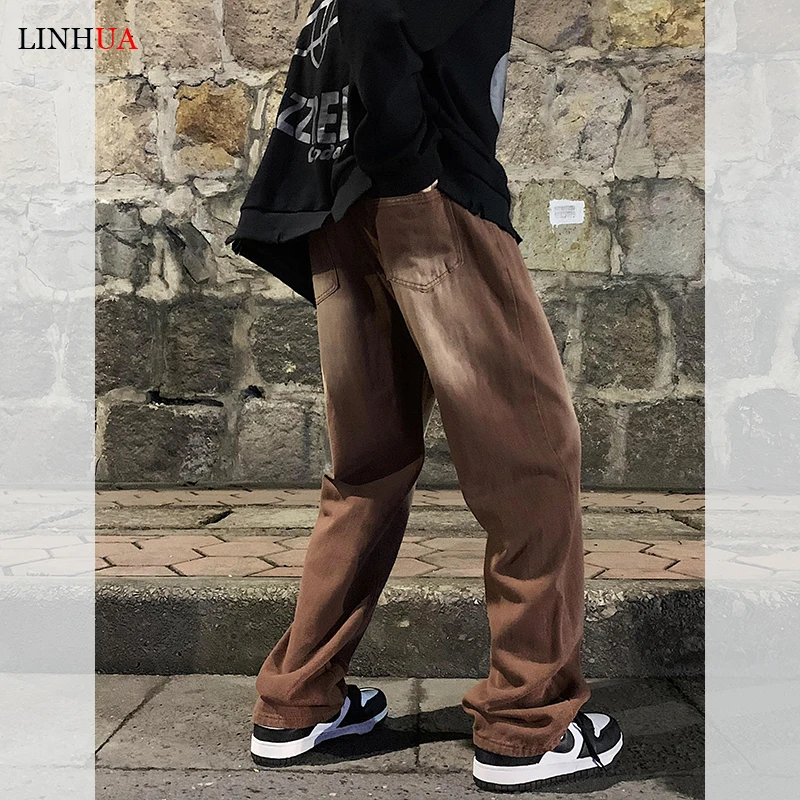 LINHUA Vintage Brown Gradient Denim Pants Men Japan Style Straight Casual Jeans Streetwear Jean Pants Mopping Trousers