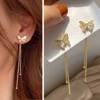 korean fashion crystal butterfly stud earrings for women long chain tassel elegant hanging rhinestone trendy drop dangle gold