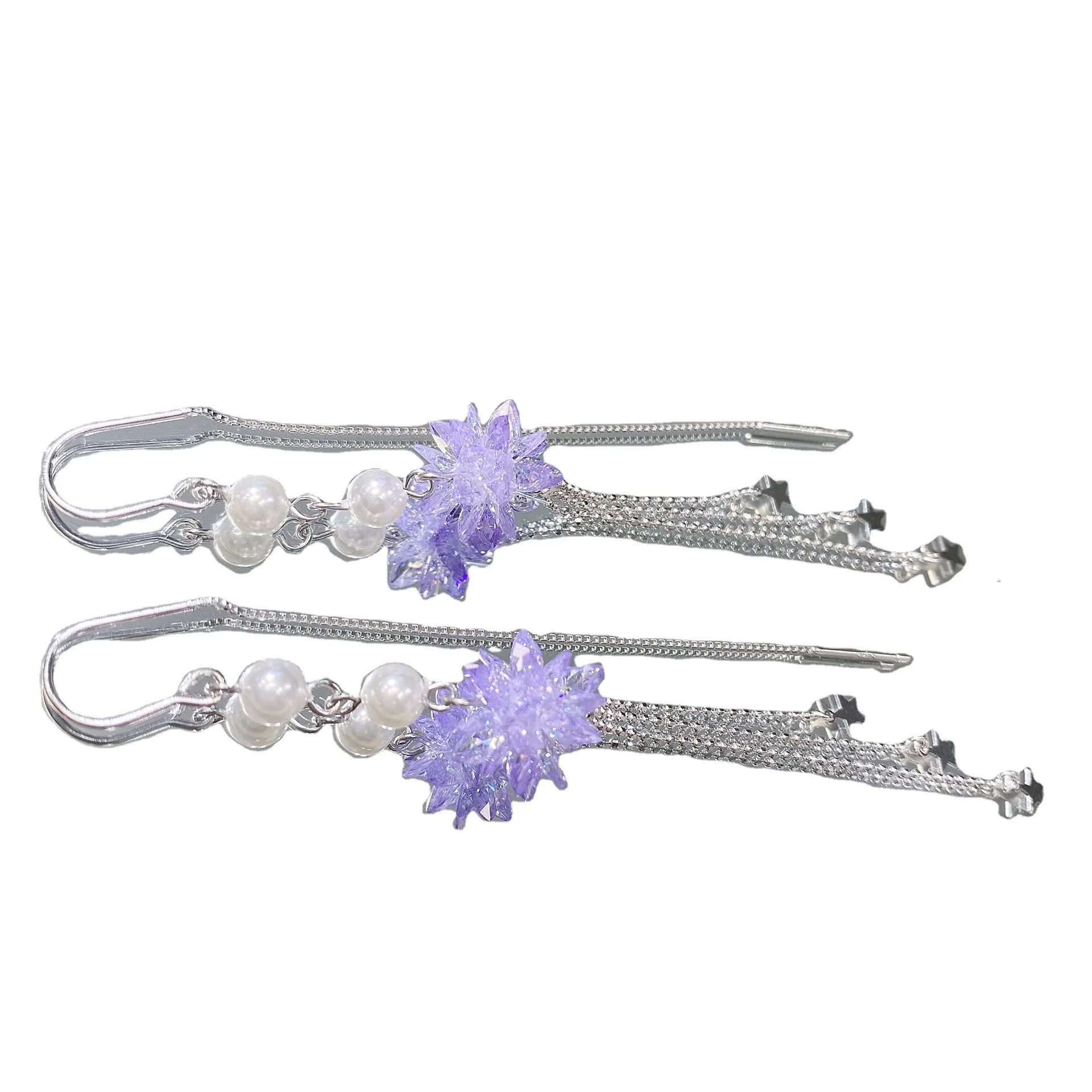 

silver long purple ice flower temperament ear line fashion tassel Pearl Earrings prevent losing star earrings earrings