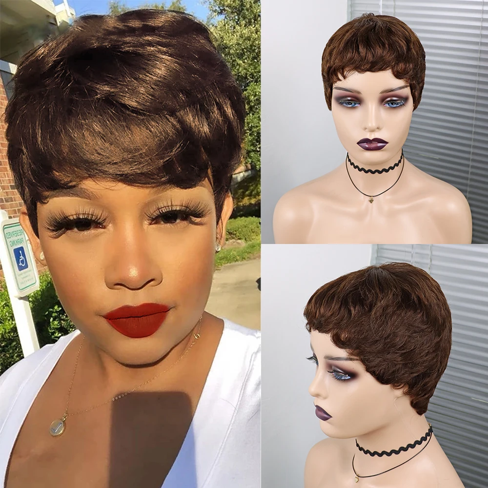 

Short Human Hair Wigs Pixie Cut Straight Remy Brazilian Hair for Black Women Machine Made Highlight Color Cheap Glueless Wig