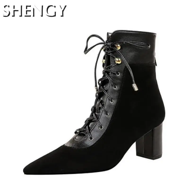 

New Ladies Boots Thick Heel Lace-up Pointed Ankle Boots Females Winter Warmth Plus Fleece Boots Back Zipper Suede Women's Shoes