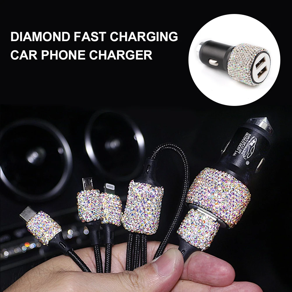 

Bling Car Charger 5V 2.1A Dual Port Car USB Adapter Fast Charge with 3 In 1 Charging Cable Rhinestones Car Decoration for Women