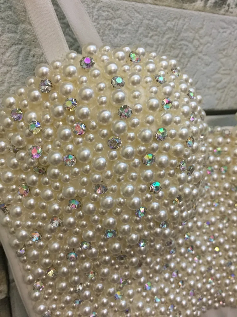 

High-Quality Hand-Made Pearls Jewel Diamond Bralet Women's Bustier Bra Cropped Top Vest Plus Size w1165
