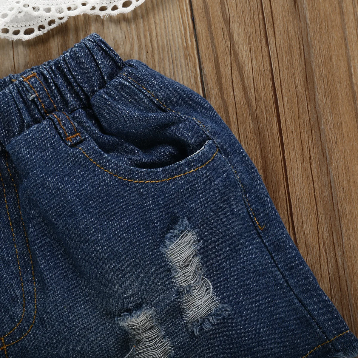 

2021 . wholesale new design kids fashion solid short sleeve lace top denim shorts little girl summer sets