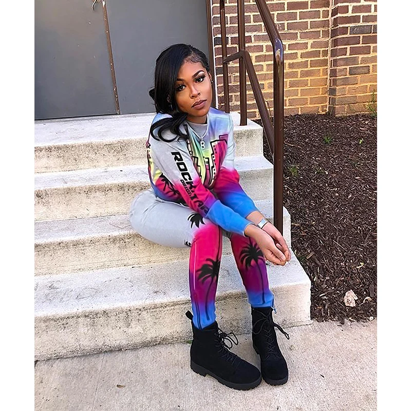 

Autumn Printed 2Pieces Outfits Women Sportswear Trendy Long Sleeve Mock Neck Sweatshirt Crop Top Drawstring Pants Tracksuits
