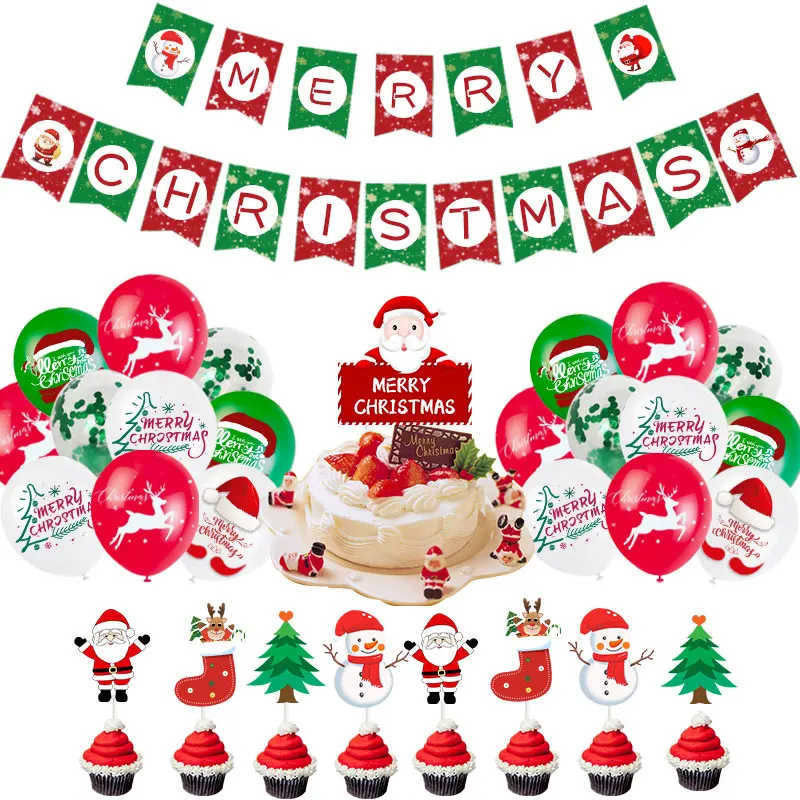 

Merry Christmas Balloons Set Banner Cake insert Xmas Ornaments Decor Set Globos Santa Claus Party Supplies navidad New Year 2022