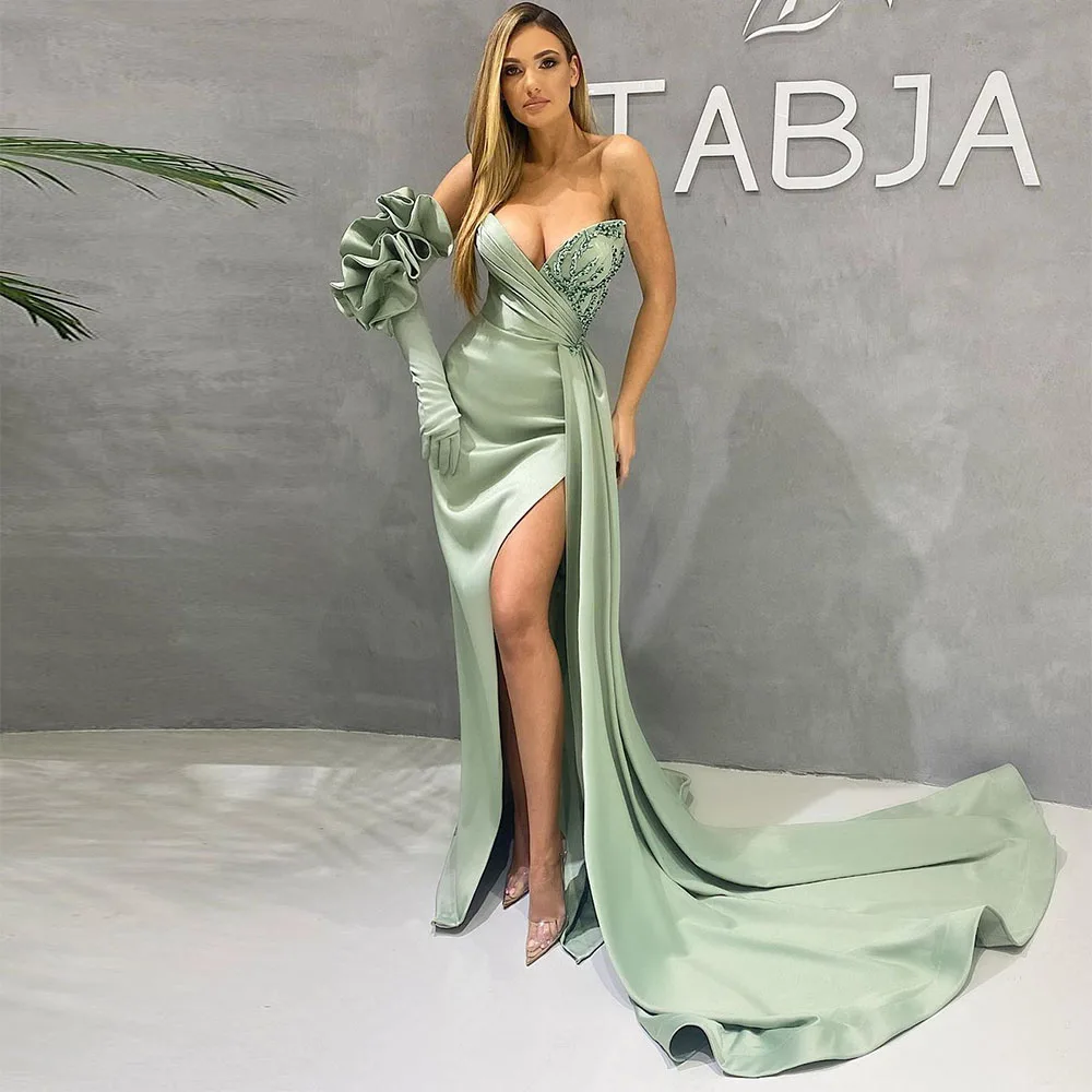 

Sevintage Gorgeous High Side Split Beading Satin Mermaid Prom Dresses V-Neck Pleat Ruched Evening Gowns Formal Party Dress