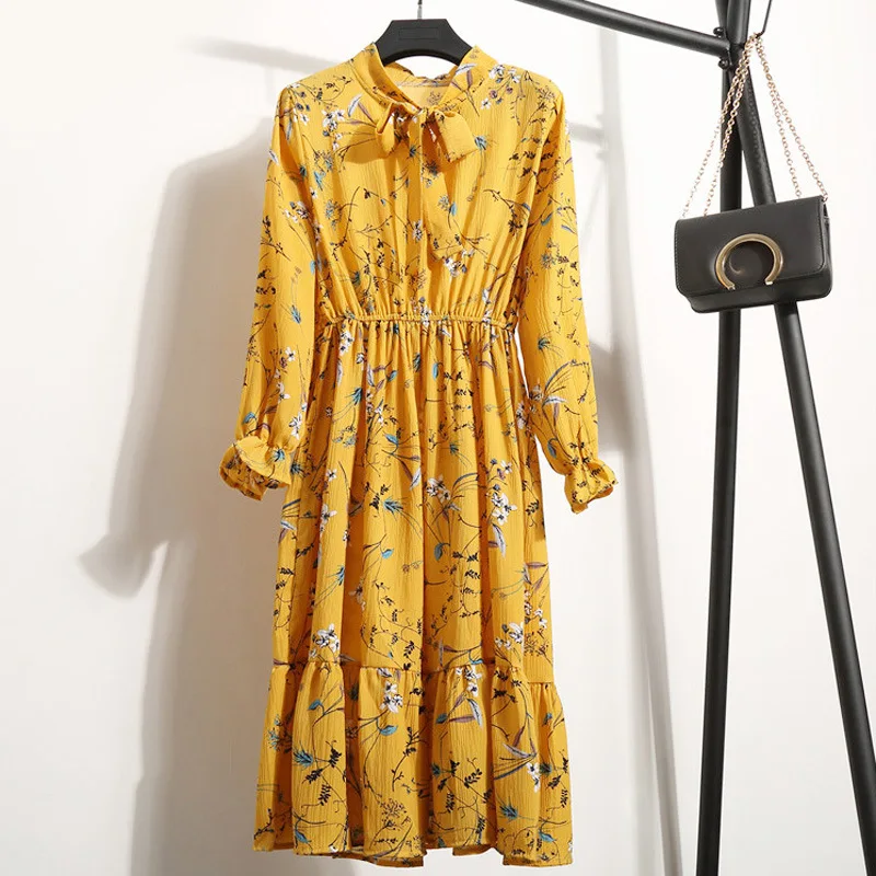 

Cute Vintage Autumn Winter Dresses Women Chiffon Sundress Casual Dot Floral Print Dress Long Sleeve Elastic Waist Korean Vestido