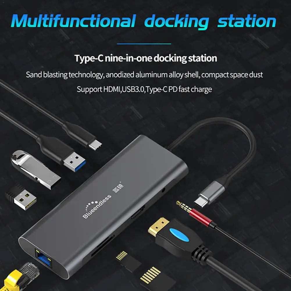 

HC901 Portable 9-in-1 Multi-function USB-C Type-C Docking Station 4K HDMI USB HUB Laptop Computer Accessories Drop Shipping