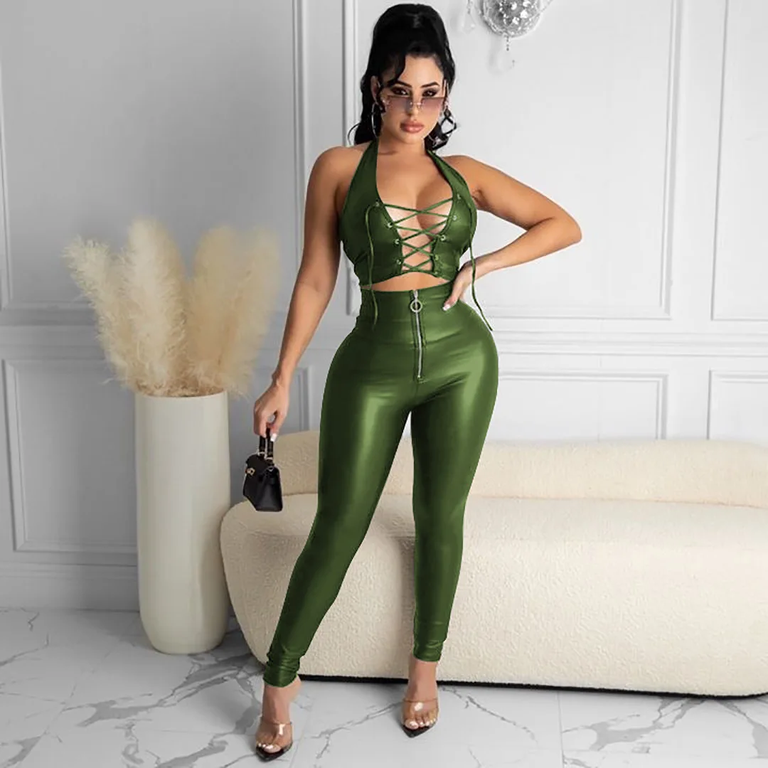 

Sexy PU Leather Two Piece Set Club Birthday Outfits for Women Fall Festival Clothing Crop Top Pants Suits Matching Sets