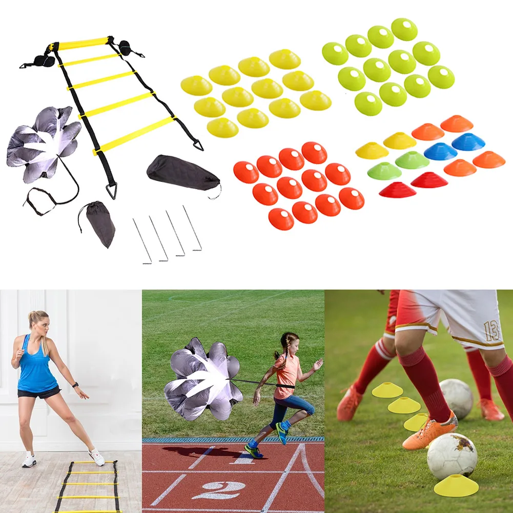 Adjustable Footwork Soccer Football Fitness Speed Rungs Agility Ladder Training Equipment Kit with Resistance Parachute Disc