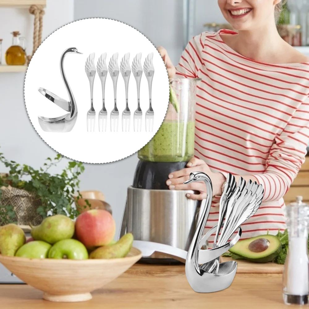 

1 Set Creative Exquisite Cutlery Set Stainless Steel Swan Holder with 6 Forks