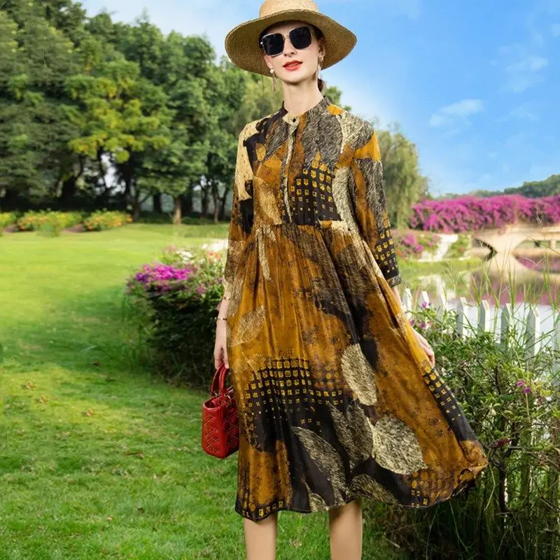 

Spring And Summer 2021 New High-end Retro Printed 7-sleeve Shirt Silk Dress Women's Medium Length Mulberry Silk Dress