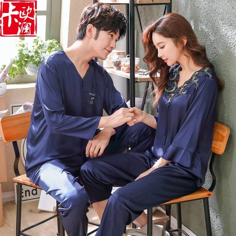 Spring Autumn New Silk Couple Pajamas Large Silk Thin Men's Women's Nightwear Home Wear Pajamas Set V-Neck Sleepwear Solid