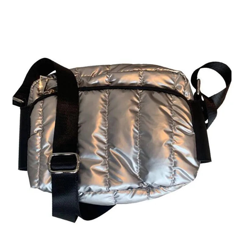 

Luxury Space Cotton Shoulder Bags for Women 2021 Winter Down Crossbody Bag Wide Strap Messenger Bag Fluffy Leather Nylon Purse