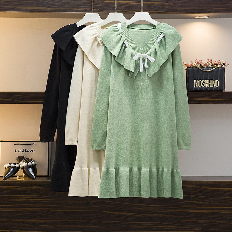 

2021 Fall New Dresses Women's Fat And Thin Sweater Sweater Skirt Knitted Bottoming Dress Trend Long-Sleeved V-Neck