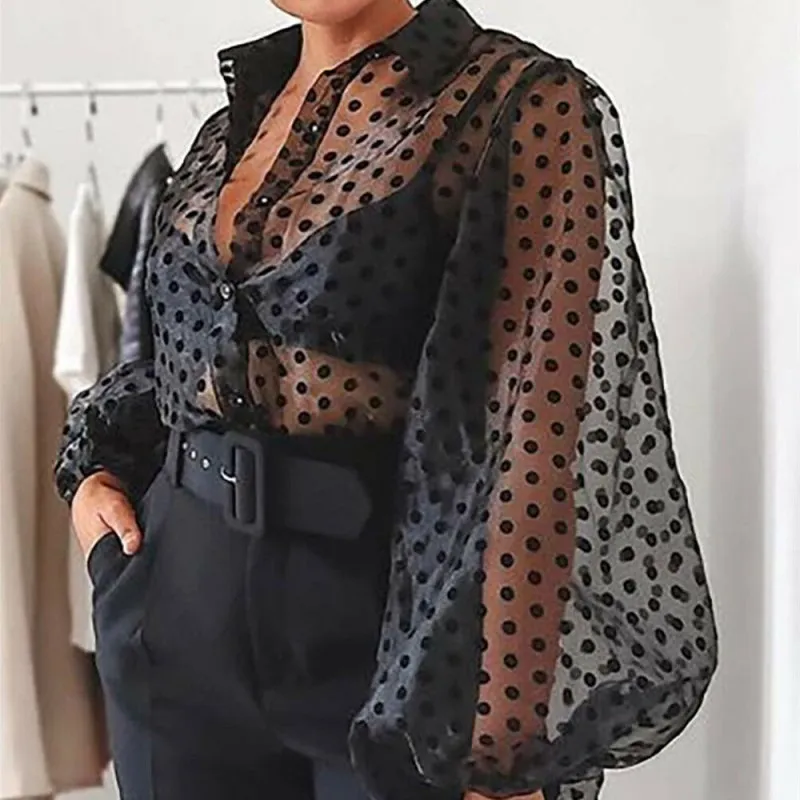 Блузка женская прозрачная с рукавами-фонариками свободного покроя | Женская