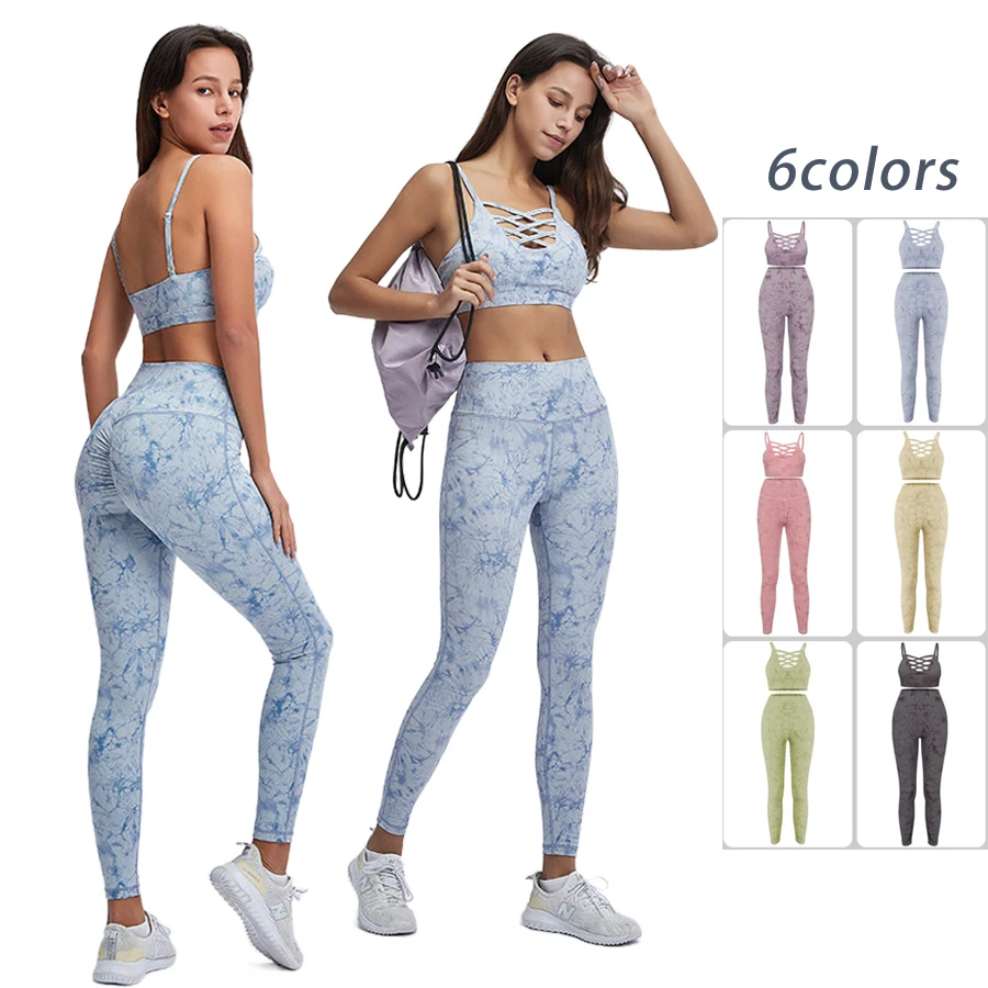 

Women Tie Dye Print Yoga Set 2 Piece Gym Female Clothing Sports Bra Crop Top Fitness Leggings Tights Suits Workout Tracksuit