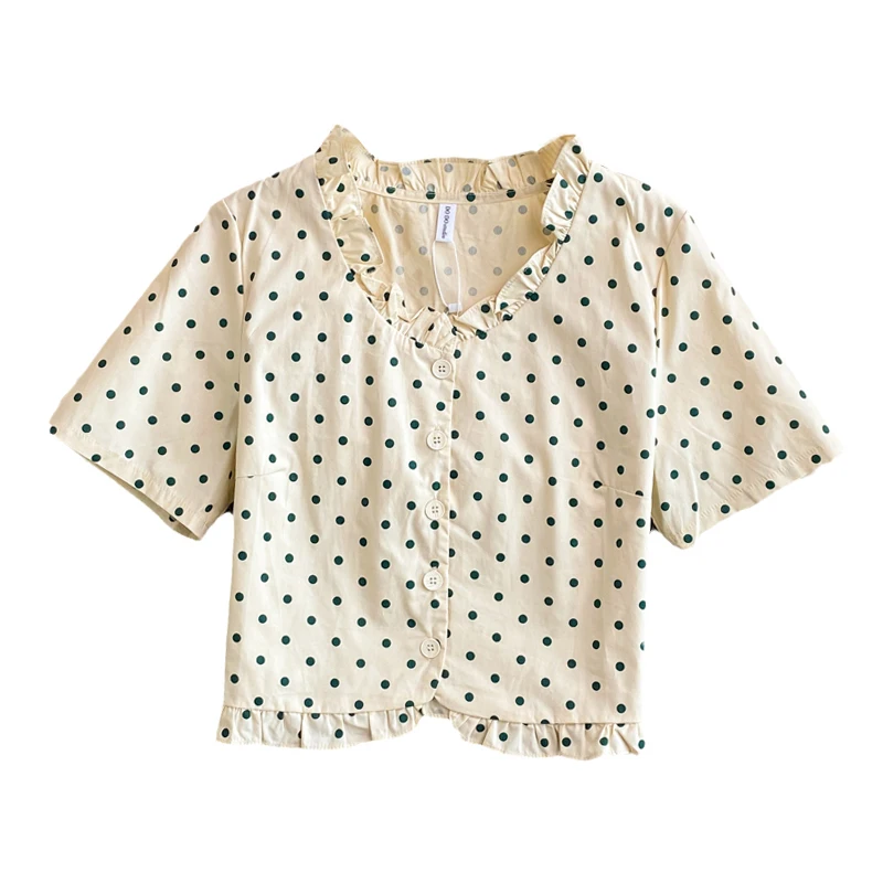 

V-neck auricular edge Polka Dot Shirt Short Sleeve 2020 summer new relaxed foreign style hour high waist short top