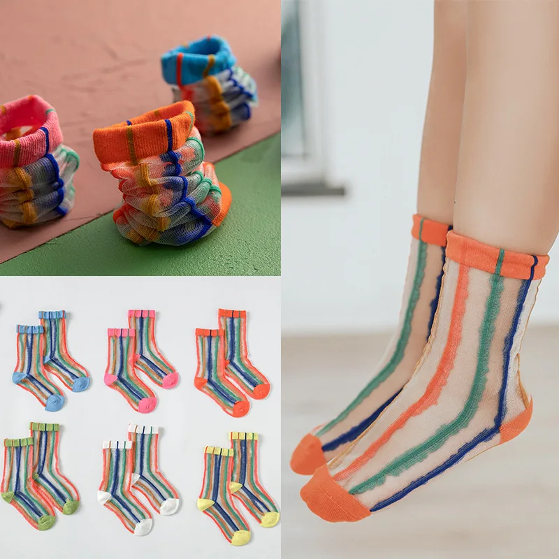 

2021 New Kids Socks Summer Korean Rainbow Glass Silk Thin Children's Socks Lce Silk Mesh Socks Boys Girls Tube Socks 1-7years