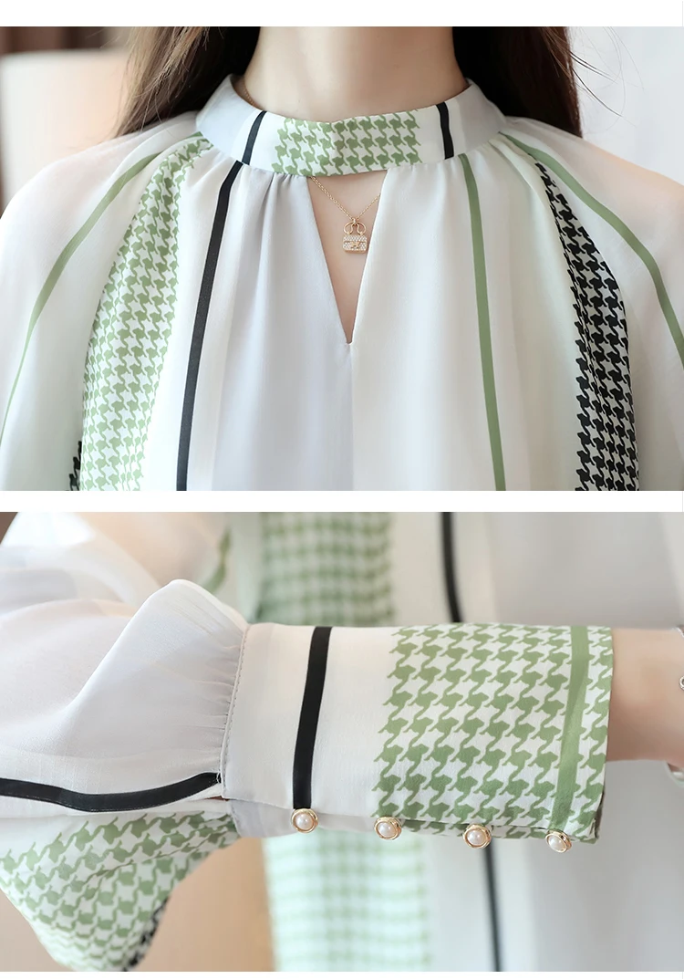 

2021 Spring New Tops Casual V-neck Office Lady Tops Women Vintage Print Long Sleeve Chiffon Blouse Blusas