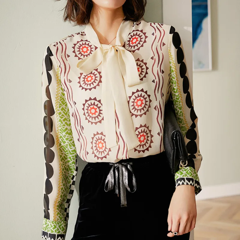 

bow New Top tie silk shirt women s autumn long sleeve wide pine silk shirt thin