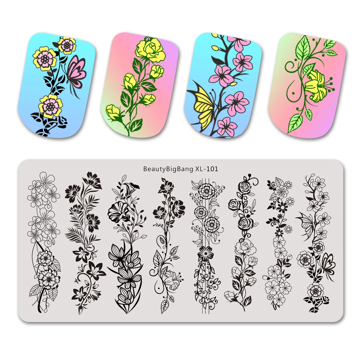 Красивые прямоугольные пластины для стемпинга ногтей Bigbang 6*12 см цветочный узор в