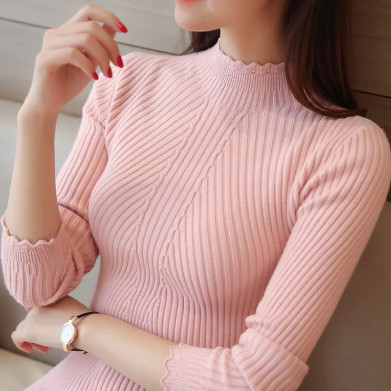 

fashion autumn winter women ladies long sleeve turtleneck knitted pull sweater top femme korean pull tight casual pullover