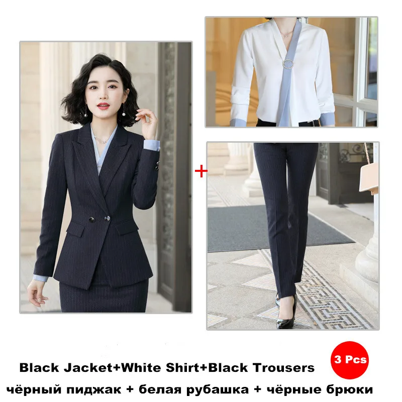 black3 pcs trouseres Полосатая юбка костюм профессиональный костюм офисный костюм для дам Униформа куртка с длинными рукавами юбка брюки формальная рабочая одежда 966 - Цвет: black3 pcs trouseres