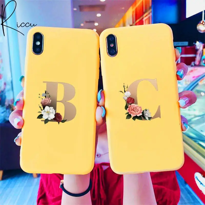 

Flower Custom Initial Letter Phone Case For IPhone 8 7 6 6S Plus X 5S SE 2020 XR 11 12 Pro Mini Pro XS MAX Candy Yellow Silicone