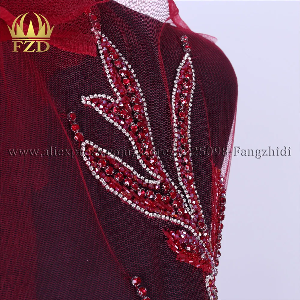 FZD 1 Pair Handmade Red Beaded Applique Silver Rhinestone Patches for Wedding Party Gown Dress DIY Bridal With Gauze | Дом и сад
