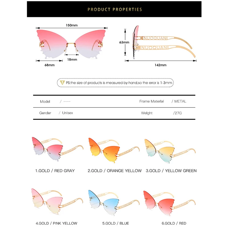 

New Fashion Oversized Cat Eye Butterfly Sunglasses Women 2020 Luxury Brand Design Rimless Gradient Sun Glasses For Female UV400