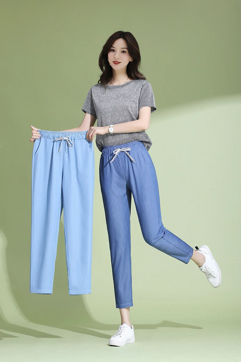 

Ladies Tencel Denim Blue Casual Pants Girls Summer Skinny Pencil Pants Large Size Elastic High Waist Women Cropped Pants 4xl 5xl