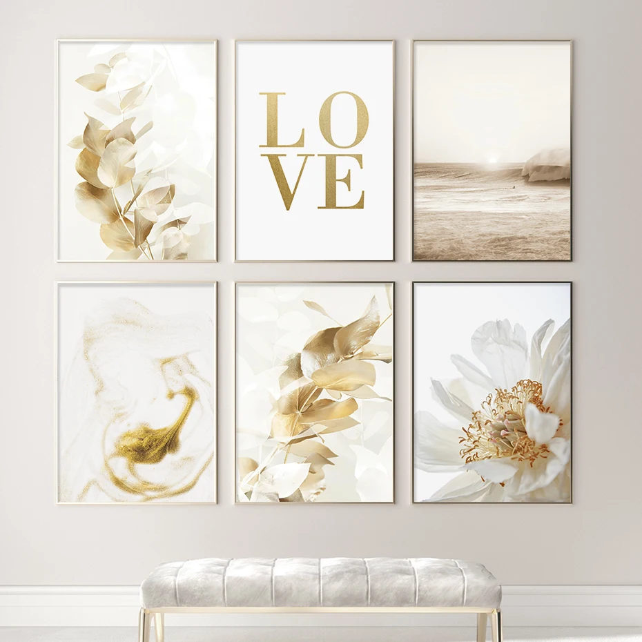 

Modern Gold Love Leaves Floral Nature Abstract Artwork Posters Canvas Painting Wall Art Print Picture Living Room Home Decor