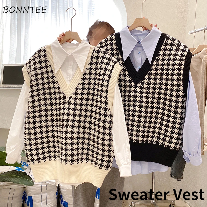 

Sweater Vests Women Knitted Design V-neck Preppy Style Vintage Students Patchwork Tender Cozy Prevalent All-match Leisure Ins