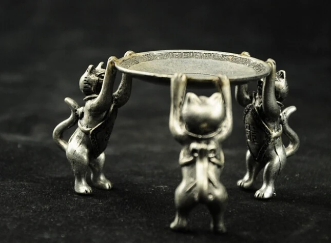 Китайский тибетский серебристый животное 3 кошка масляная лампа Подсвечник