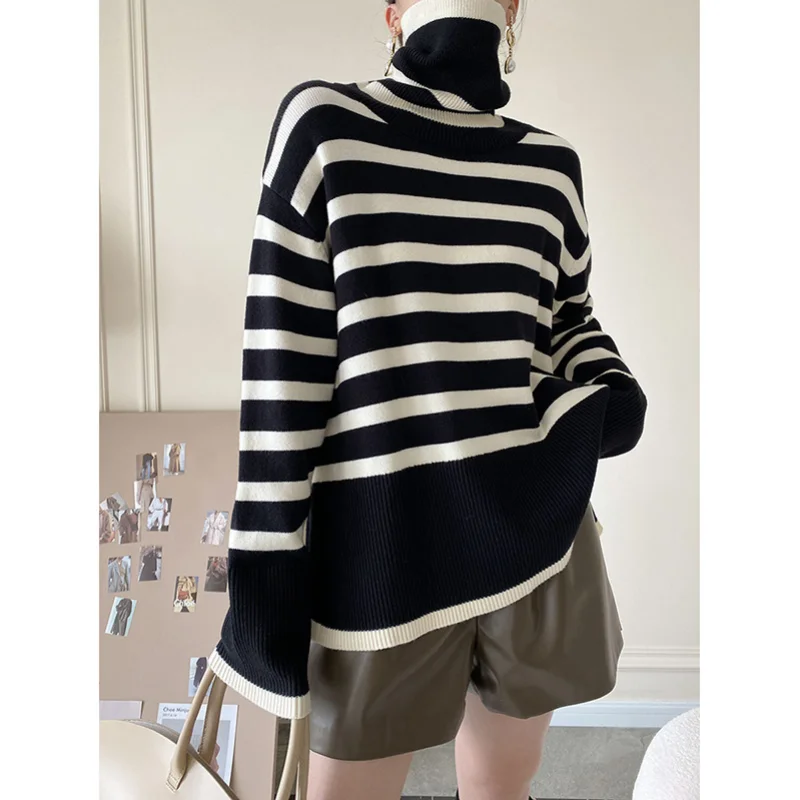 

Женский свитер в полоску, Свободный пуловер в западном стиле с высоким воротником, Осень-зима 2021